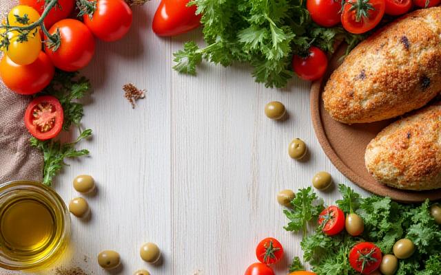 Tavola imbandita con cibi freschi mediterranei come verdure, olio d'oliva e pesce