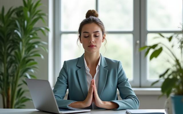 Persona in meditazione alla scrivania con un laptop e piante